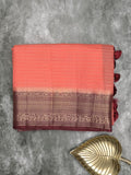Maheshwari fancy saree peach color allover stripes & zari border with contrast pallu and attached plain blouse