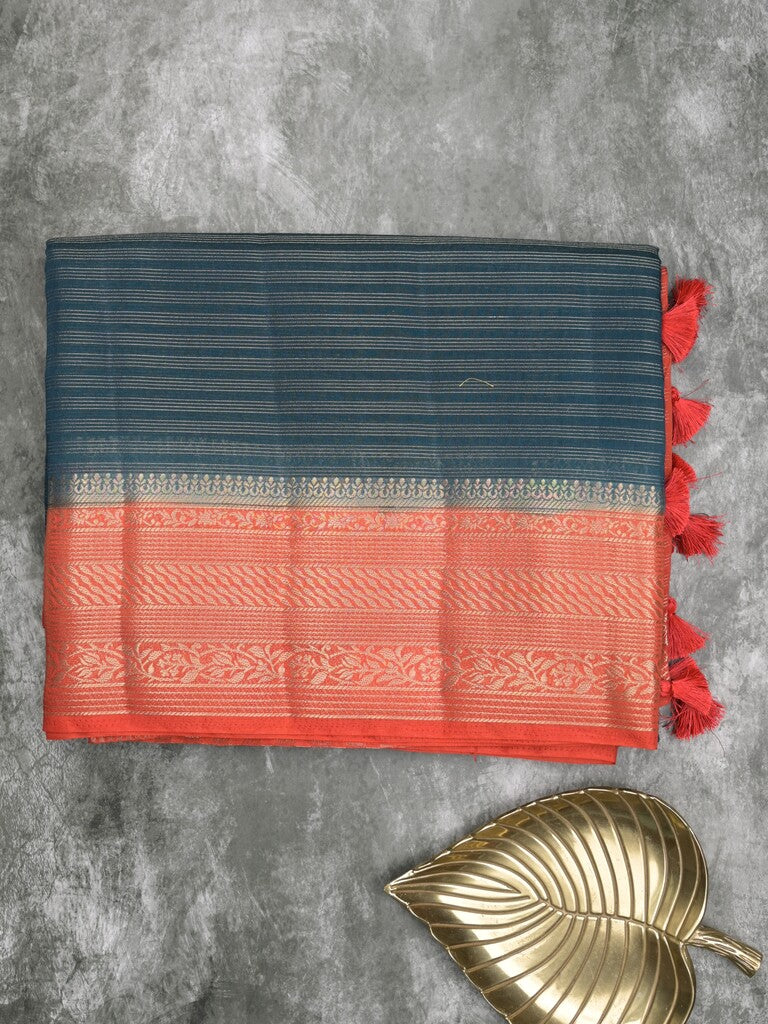 Maheshwari fancy saree navy blue color allover stripes & zari border with contrast pallu and attached plain blouse