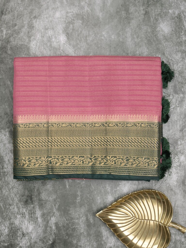 Maheshwari fancy saree onion pink color allover stripes & zari border with contrast pallu and attached plain blouse