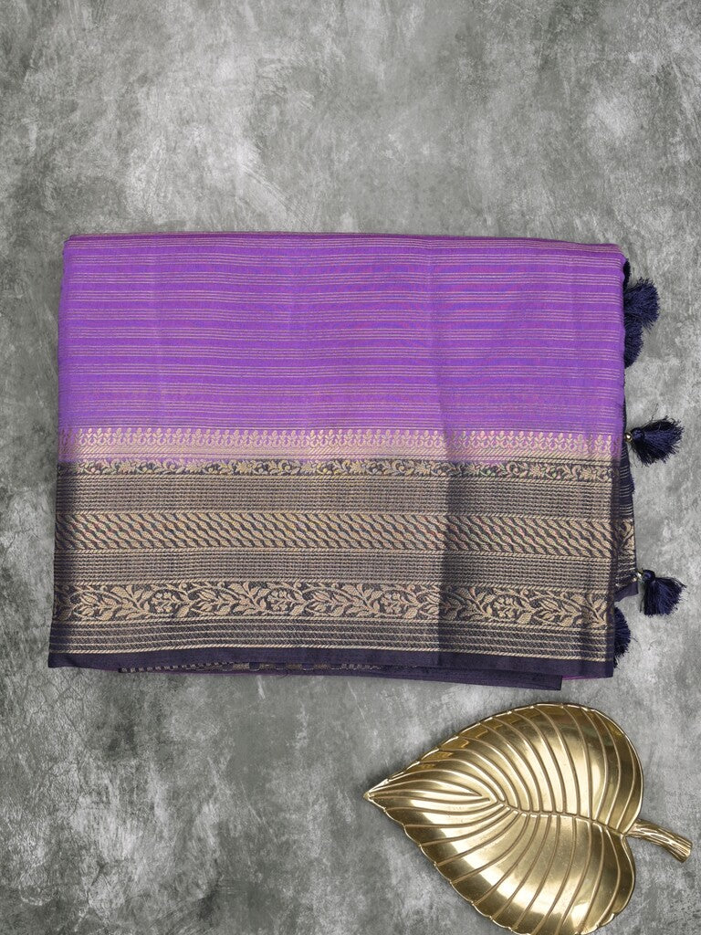 Maheshwari fancy saree purple color allover stripes & zari border with contrast pallu and attached plain blouse