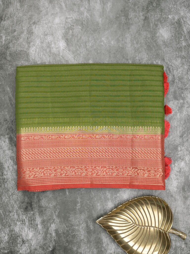 Maheshwari fancy saree parrot green color allover stripes & zari border with contrast pallu and attached plain blouse