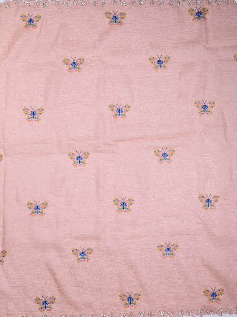 Organza crush fancy saree baby pink color allover embroidery & fancy embroidery border with running pallu and contrast blouse