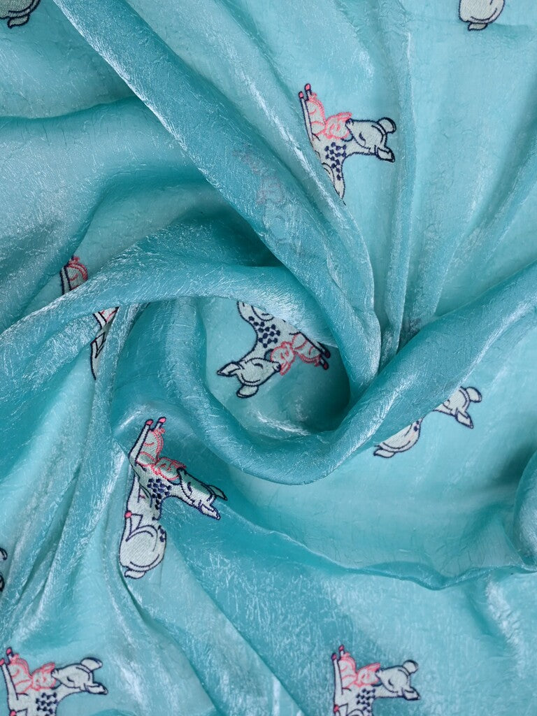 Organza shimmer fancy saree sky blue color allover prints, embroidery with embroidery border with running pallu and contrast work blouse