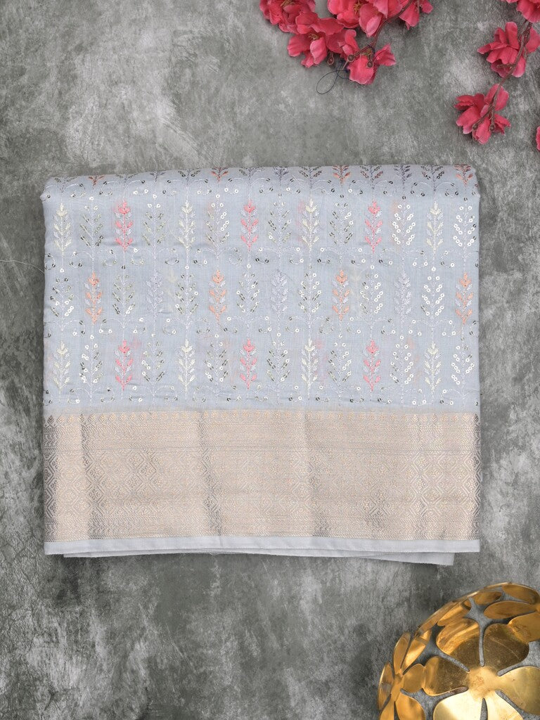 Chanderi fancy saree light lavender color allover embroidery & zari border with short zari pallu and attached plain blouse