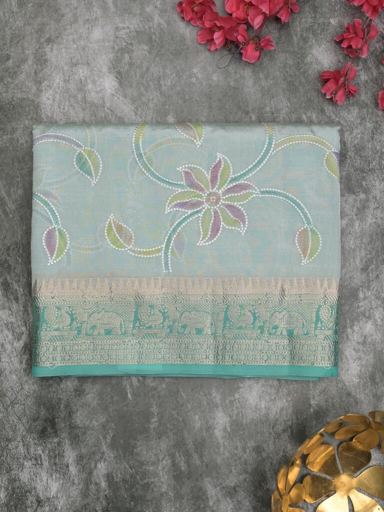 Dupion pattu saree light blue color allover weaves & zari border with short zari pallu and attached plain blouse