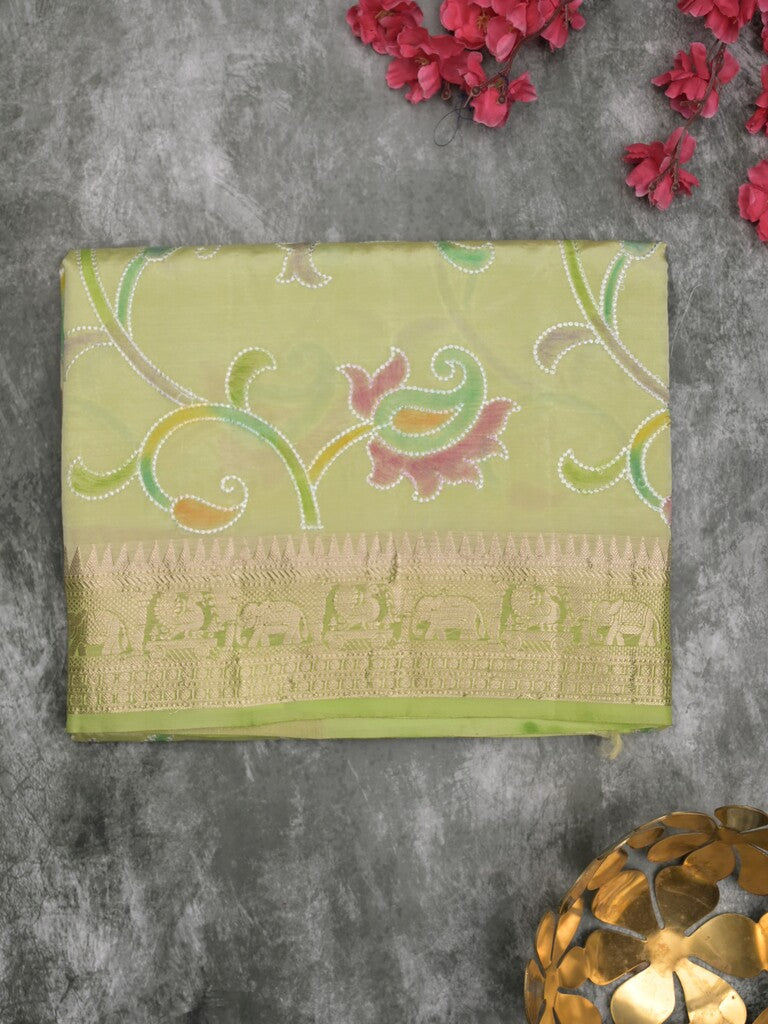 Dupion pattu saree light parrot green color allover weaves & zari border with short zari pallu and attached plain blouse