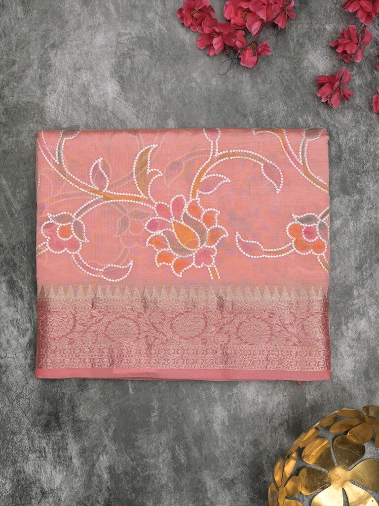 Dupion pattu saree light peach color allover weaves & zari border with short zari pallu and attached plain blouse