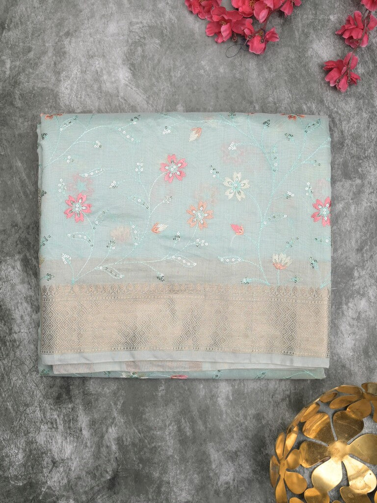 Chanderi fancy saree light blue color allover embroidery & zari border with short zari pallu and attached plain blouse