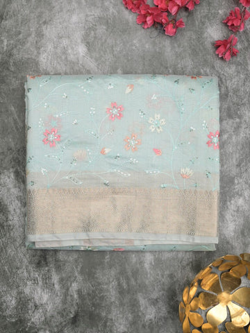 Chanderi fancy saree light blue color allover embroidery & zari border with short zari pallu and attached plain blouse