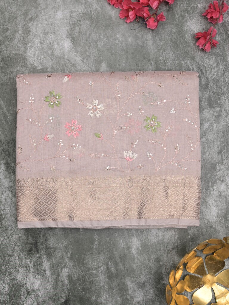 Chanderi fancy saree pastel light purple color allover embroidery & zari border with short zari pallu and attached plain blouse