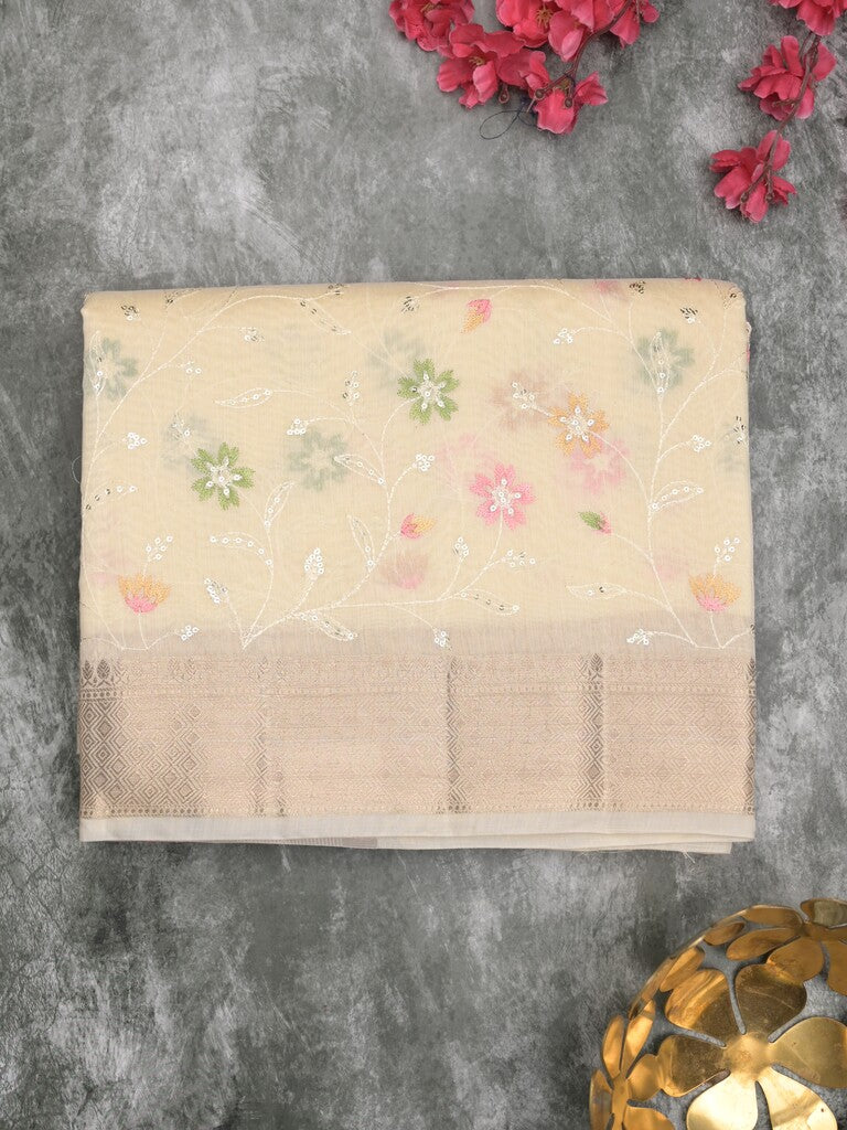 Chanderi fancy saree pastel yellow color allover embroidery & zari border with short zari pallu and attached plain blouse