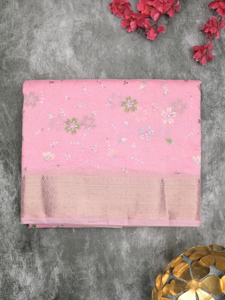 Chanderi fancy saree light pink color allover embroidery & zari border with short zari pallu and attached plain blouse