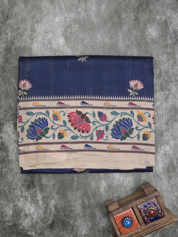 Tussar fancy saree navy blue color allover prints & printed border with contrast pallu and printed blouse