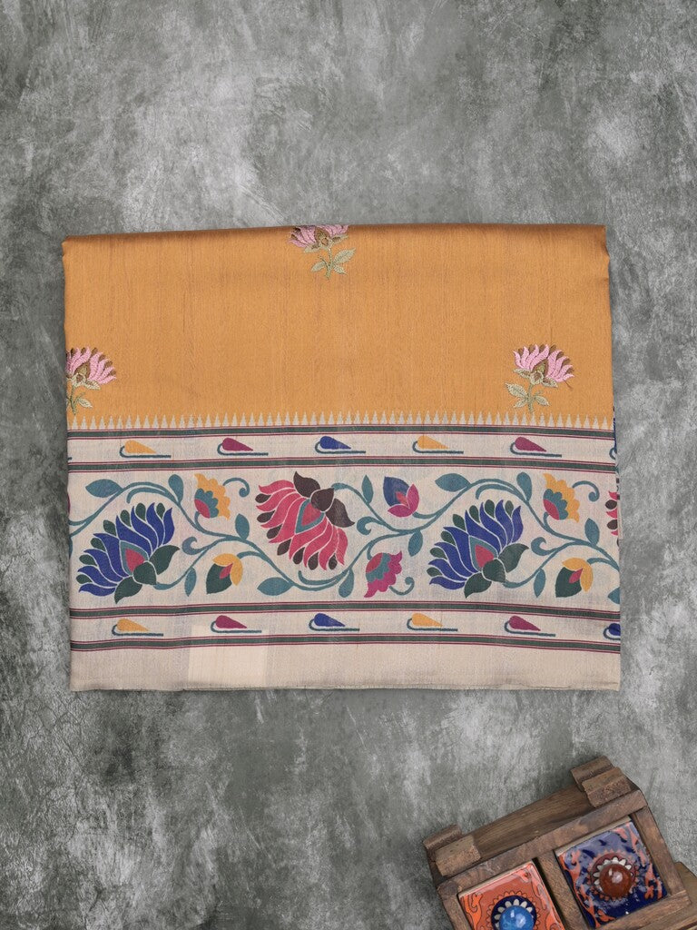 Tussar fancy saree golden yellow color allover prints & printed border with contrast pallu and printed blouse