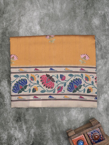 Tussar fancy saree golden yellow color allover prints & printed border with contrast pallu and printed blouse