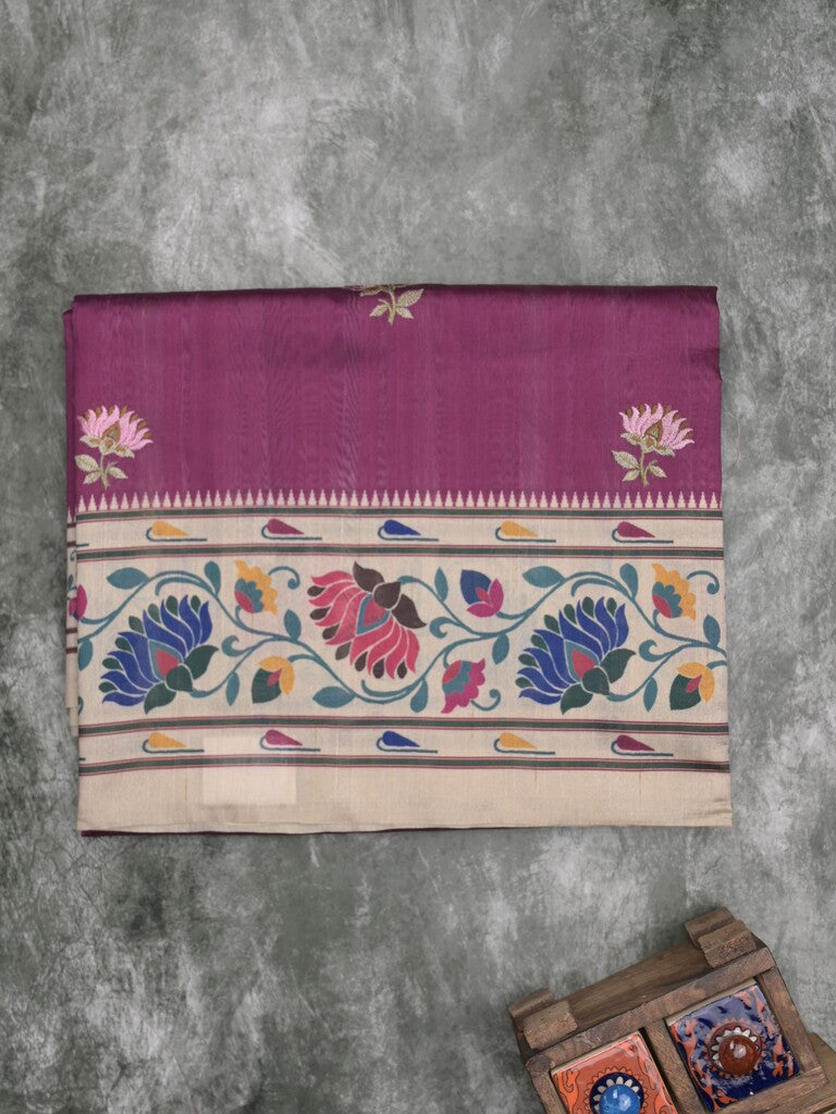 Tussar fancy saree purple color allover prints & printed border with contrast pallu and printed blouse