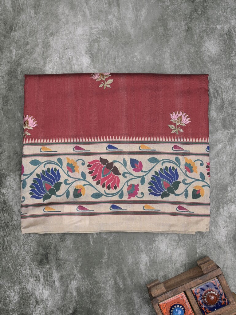 Tussar fancy saree maroon color allover prints & printed border with contrast pallu and printed blouse
