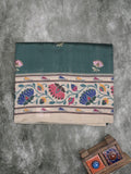 Tussar fancy saree dark green color allover prints & printed border with contrast pallu and printed blouse