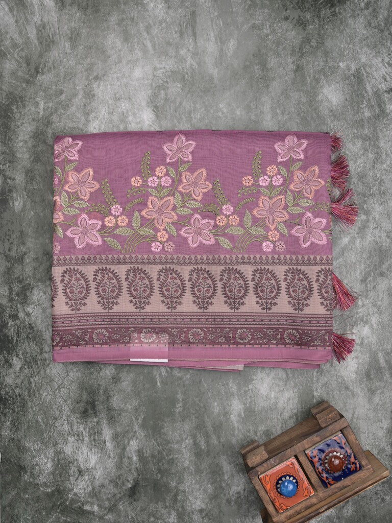 Chanderi fancy saree lavender color allover prints, embroidery & printed border with printed pallu and printed blouse