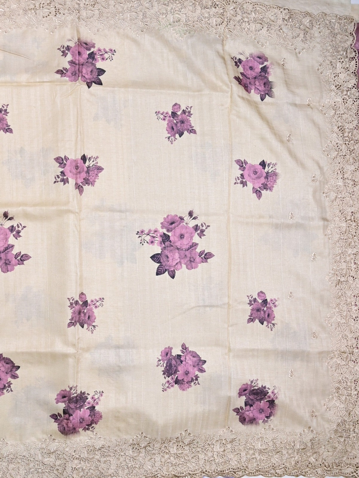 Tussar fancy saree white color with purple floral prints & embroidery border with running pallu and cotrast printed blouse