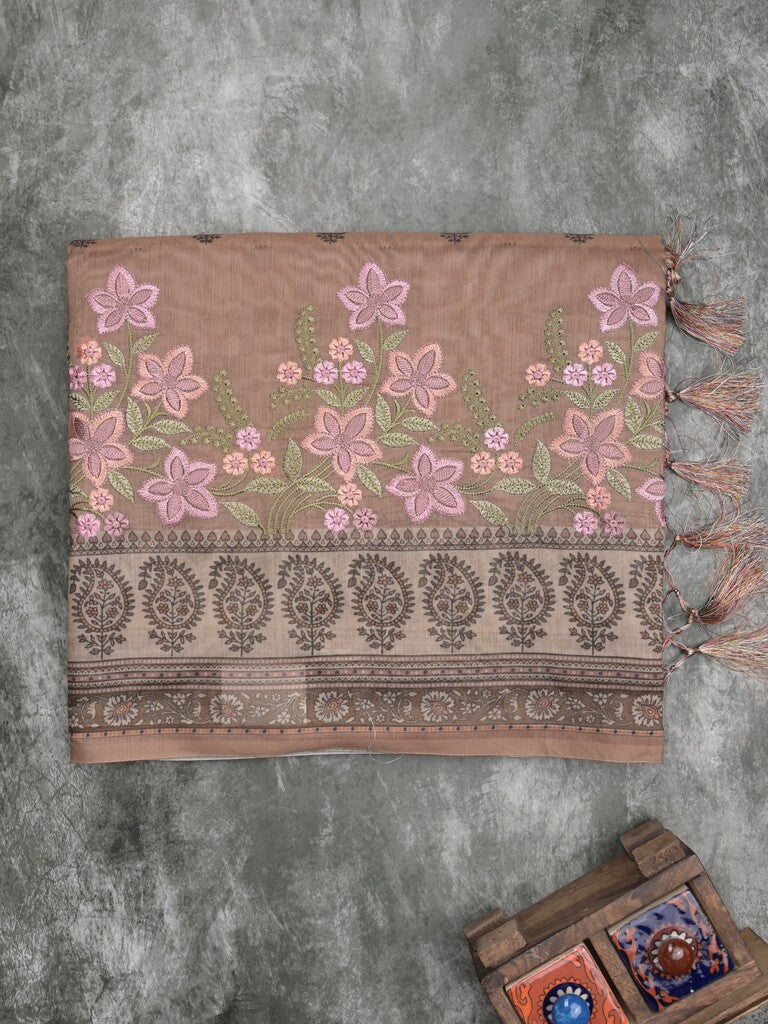 Chanderi fancy saree peach color allover prints, embroidery & printed border with printed pallu and printed blouse