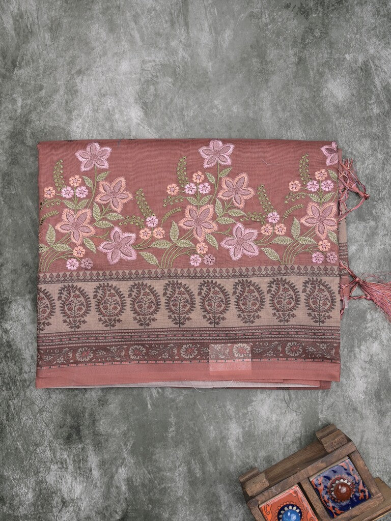 Chanderi fancy saree light pink color allover prints, embroidery & printed border with printed pallu and printed blouse