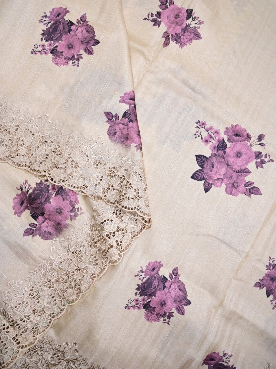 Tussar fancy saree white color with purple floral prints & embroidery border with running pallu and cotrast printed blouse