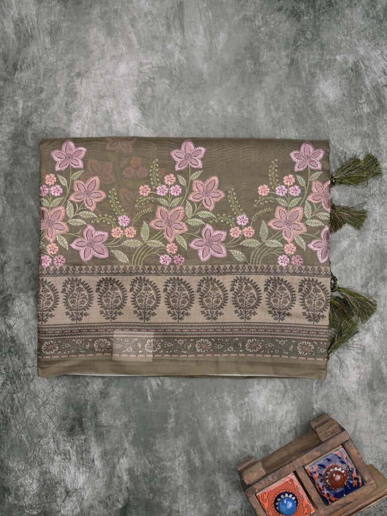 Chanderi fancy saree snuff color allover prints, embroidery & printed border with printed pallu and printed blouse