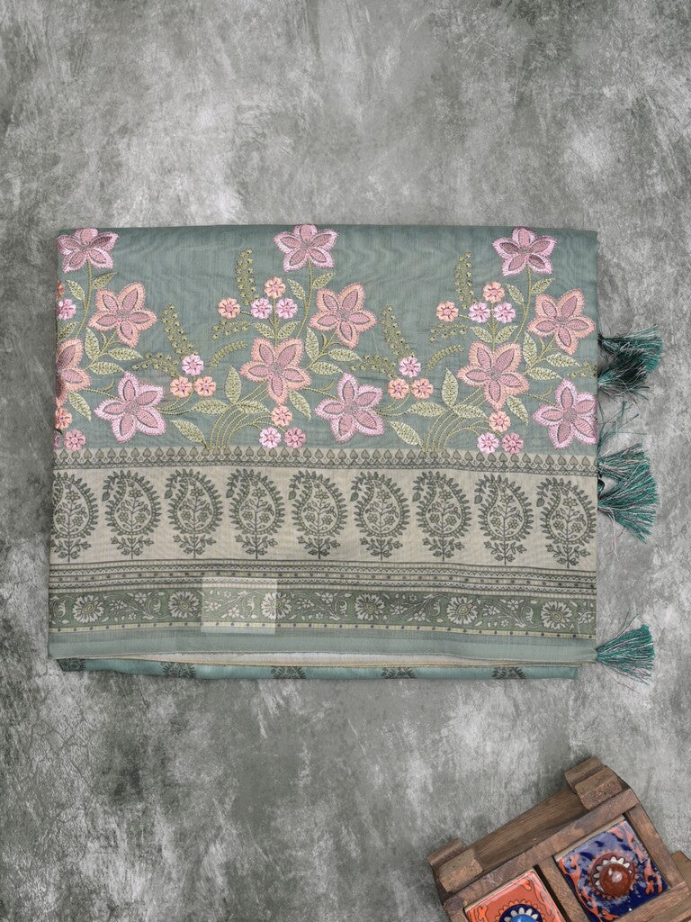 Chanderi fancy saree light yellow color allover prints, embroidery & printed border with printed pallu and printed blouse