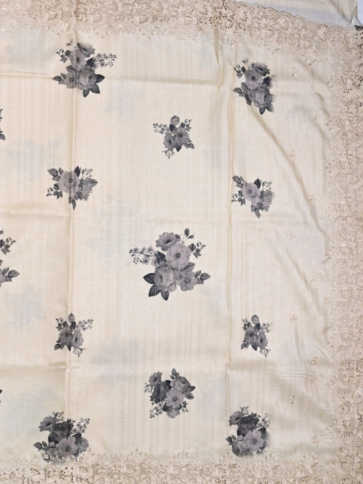 Tussar fancy saree white color with grey floral prints & embroidery border with running pallu and cotrast printed blouse