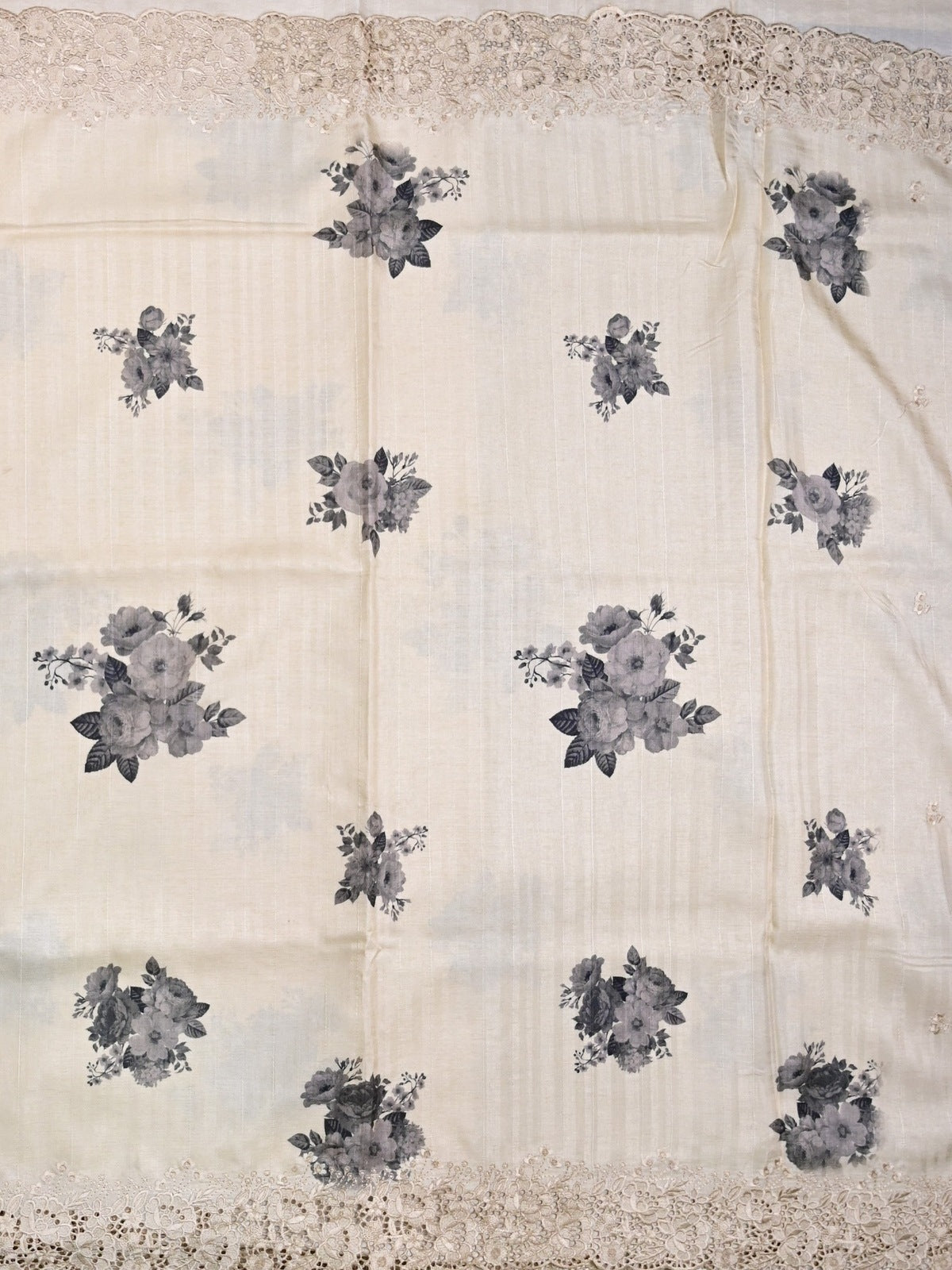 Tussar fancy saree white color with grey floral prints & embroidery border with running pallu and cotrast printed blouse