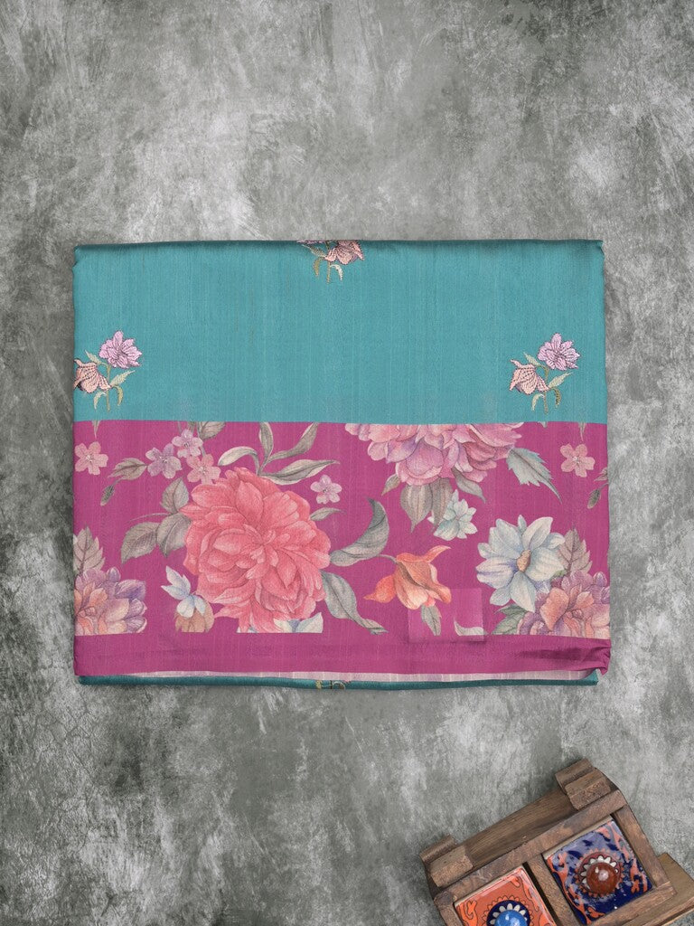 Tussar fancy saree sky blue color allover prints & printed border with contrast pallu and printed blouse