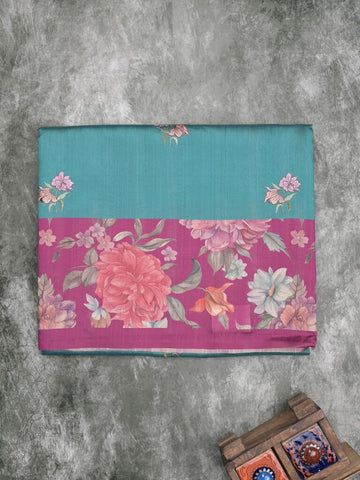 Tussar fancy saree sky blue color allover prints & printed border with contrast pallu and printed blouse