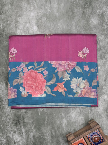 Tussar fancy saree magenta color allover prints & printed border with contrast pallu and printed blouse