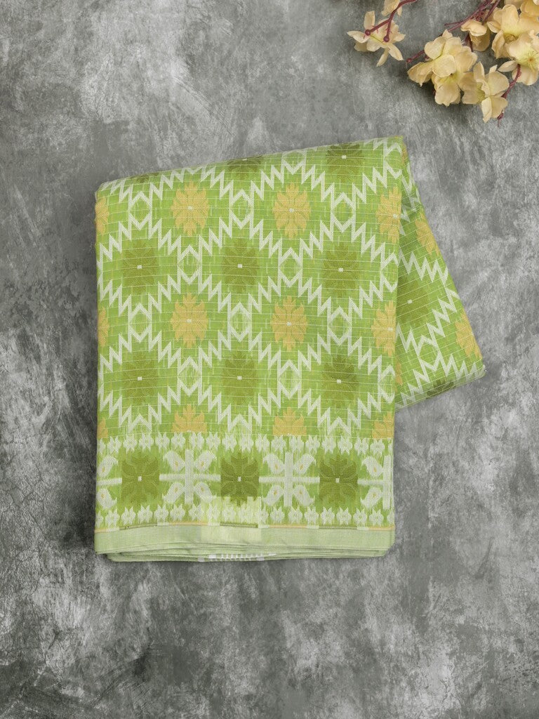 Jamdani cotton saree light parrot green color allover weaves & small border with weaving pallu and running blouse