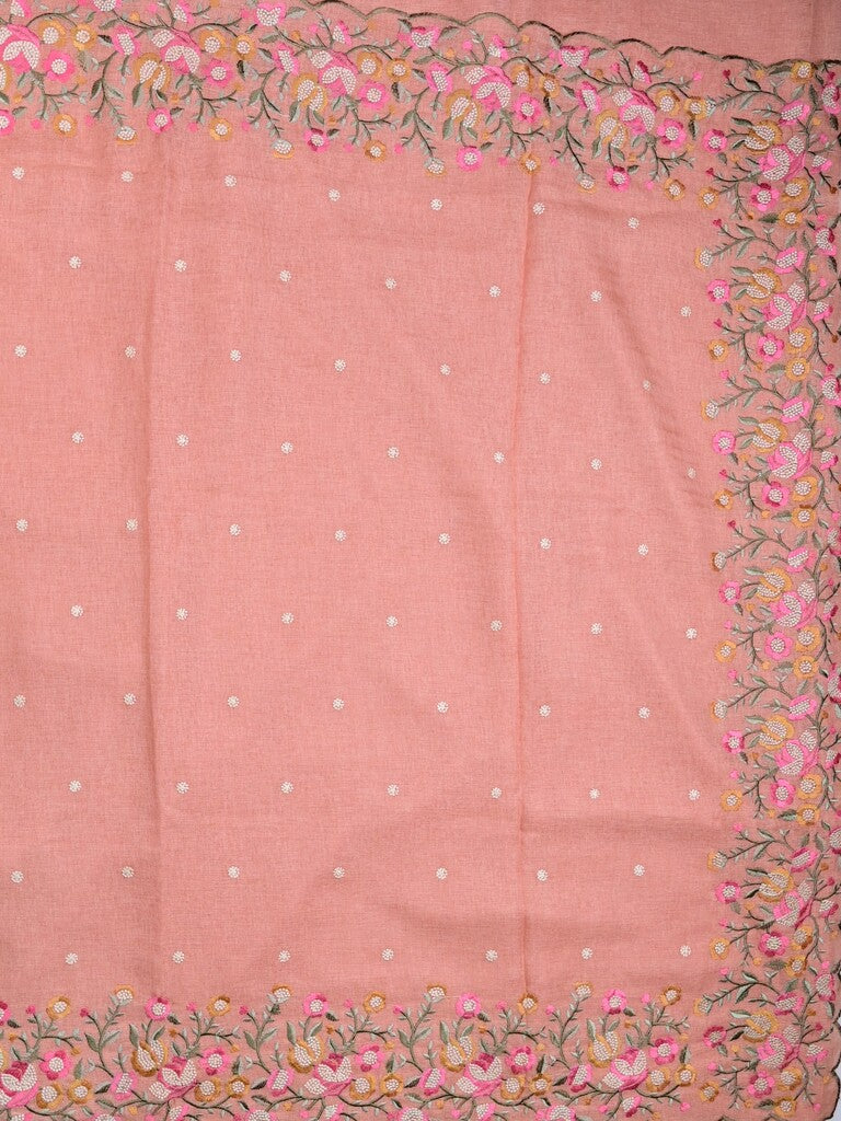 Jute lenin fancy saree baby pink color allover embroidery butis & embroidery border with running pallu and plan self blouse