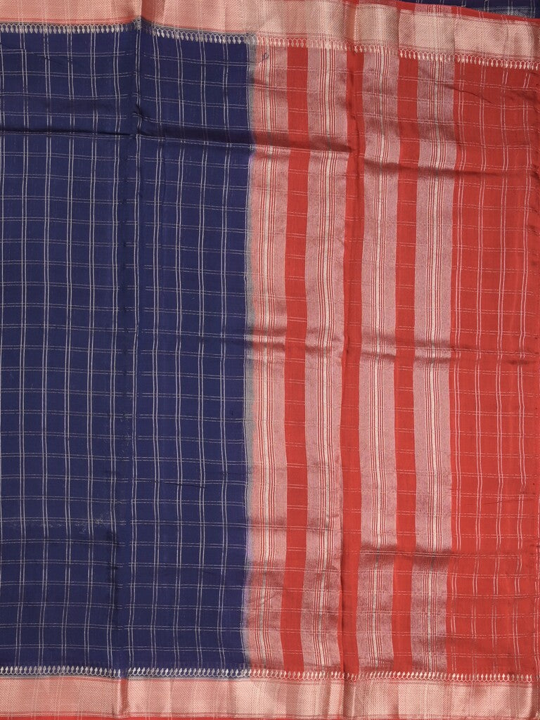 Maheshwari fancy saree navy blue color allover checks & zari border with contrast pallu and attached blouse