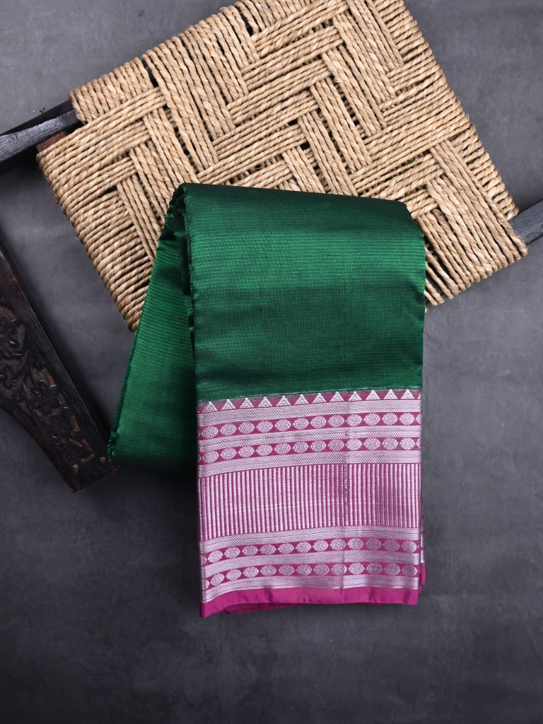 Mangalagiri fancy saree bottle green color allover plain & kanchi border with striped pallu and plain blouse