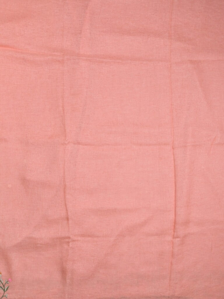 Jute lenin fancy saree baby pink color allover embroidery butis & embroidery border with running pallu and plan self blouse