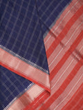 Maheshwari fancy saree navy blue color allover checks & zari border with contrast pallu and attached blouse