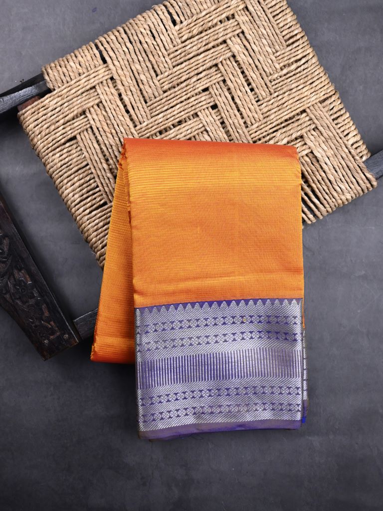 Mangalagiri fancy saree golden yellow color allover plain & kanchi border with striped pallu and plain blouse