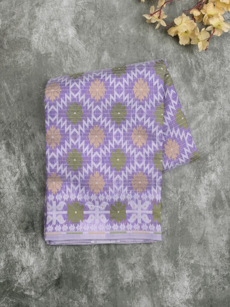 Jamdani cotton saree lavender color allover weaves & small border with weaving pallu and running blouse