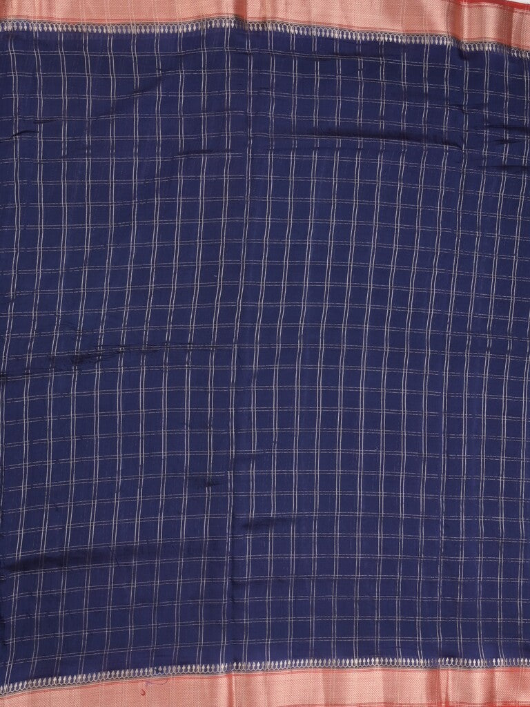 Maheshwari fancy saree navy blue color allover checks & zari border with contrast pallu and attached blouse