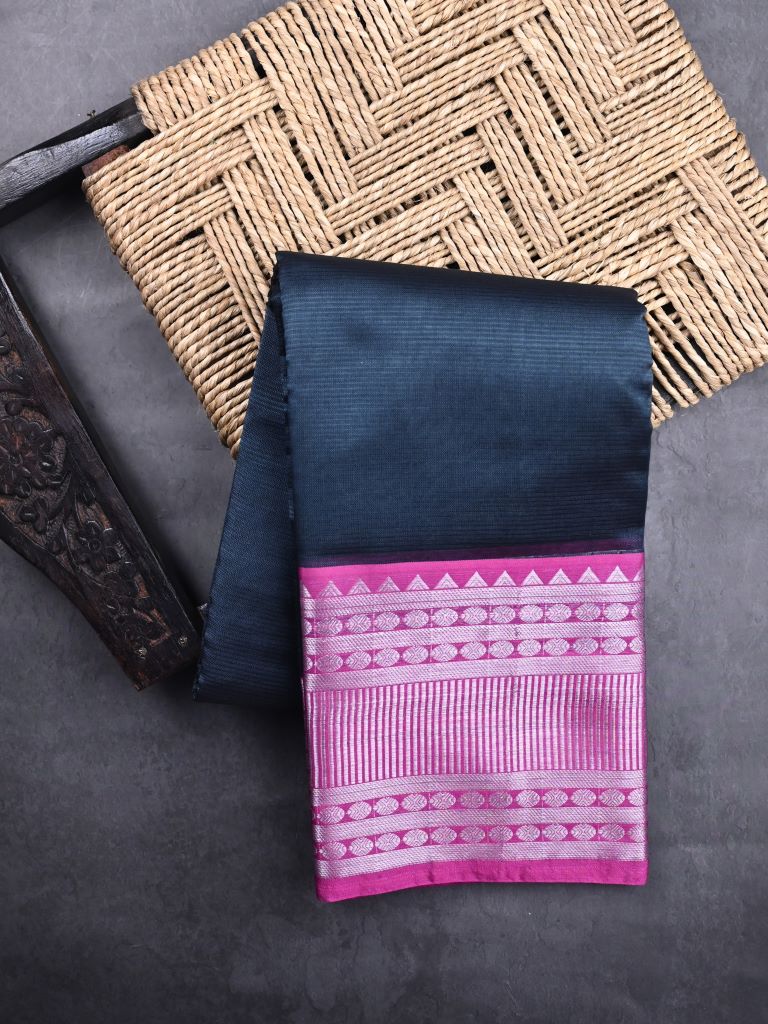 Mangalagiri fancy saree grey color allover plain & kanchi border with striped pallu and plain blouse