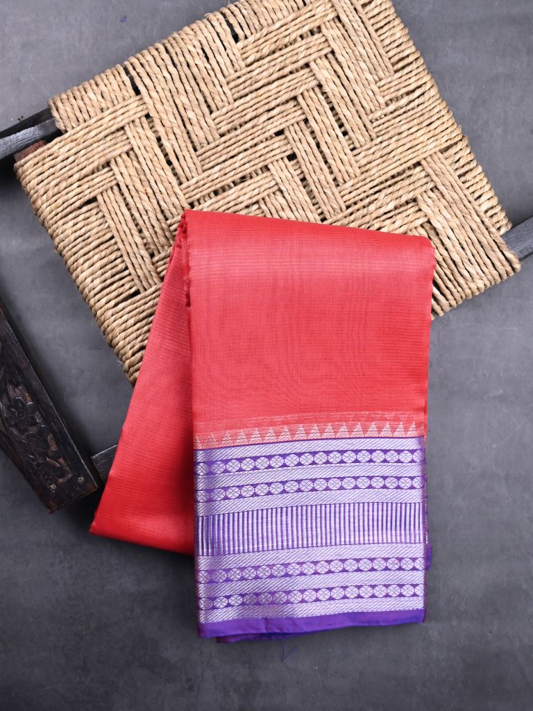 Mangalagiri fancy saree red color allover plain & kanchi border with striped pallu and plain blouse