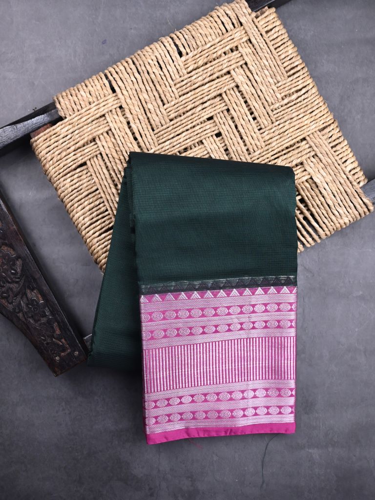 Mangalagiri fancy saree dark green color allover plain & kanchi border with striped pallu and plain blouse