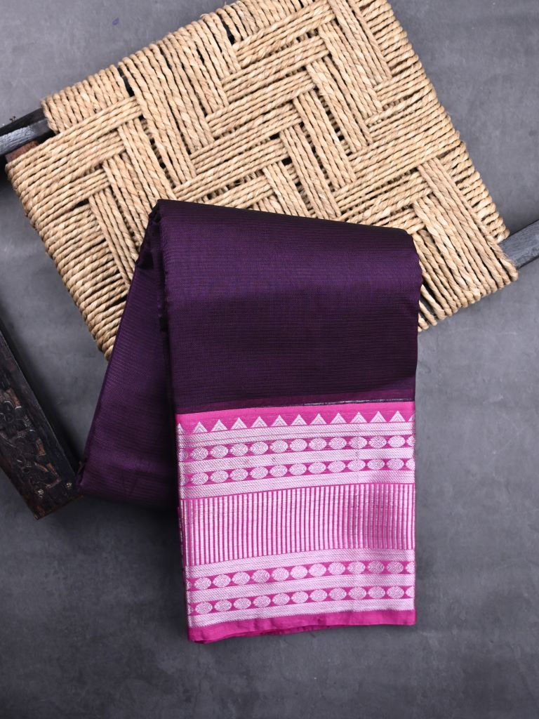 Mangalagiri fancy saree dark wine color allover plain & kanchi border with striped pallu and plain blouse
