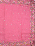 Jute lenin fancy saree rose pink color allover embroidery butis & embroidery border with running pallu and plan self blouse