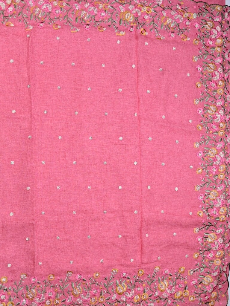 Jute lenin fancy saree rose pink color allover embroidery butis & embroidery border with running pallu and plan self blouse