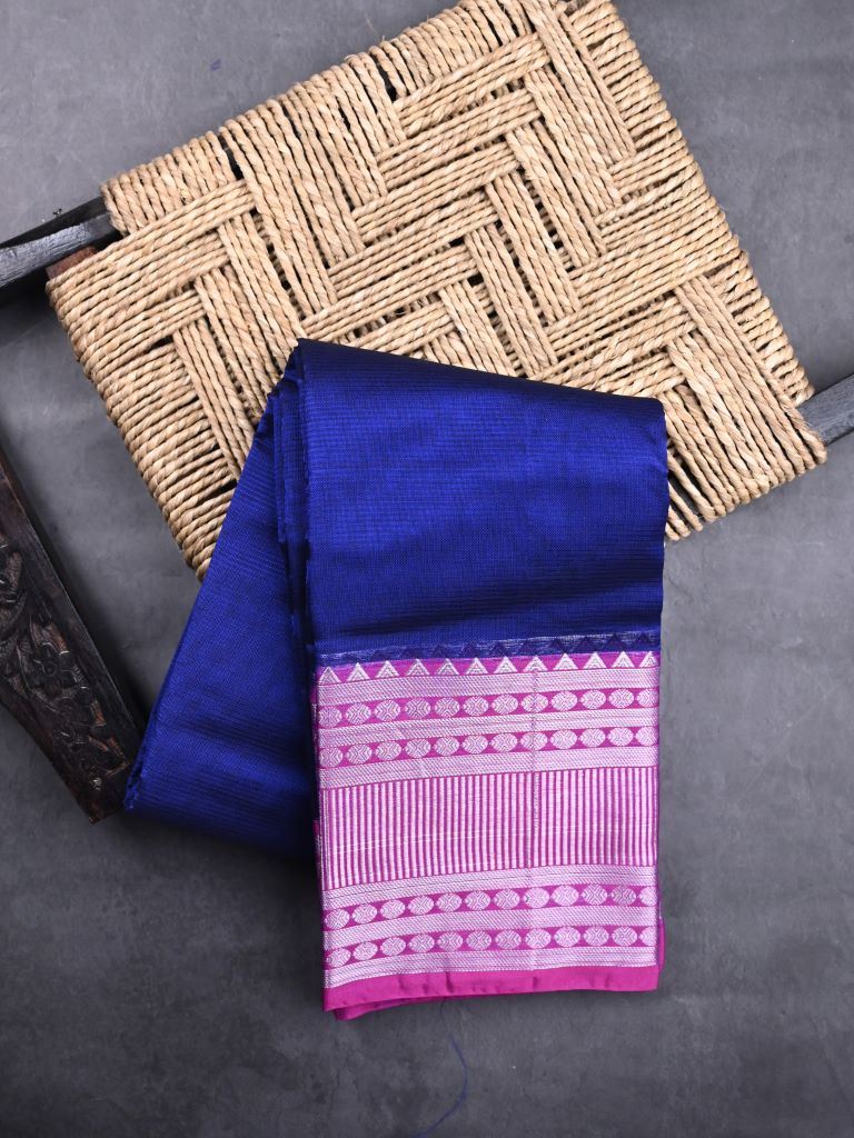 Mangalagiri fancy saree royal blue color allover plain & kanchi border with striped pallu and plain blouse